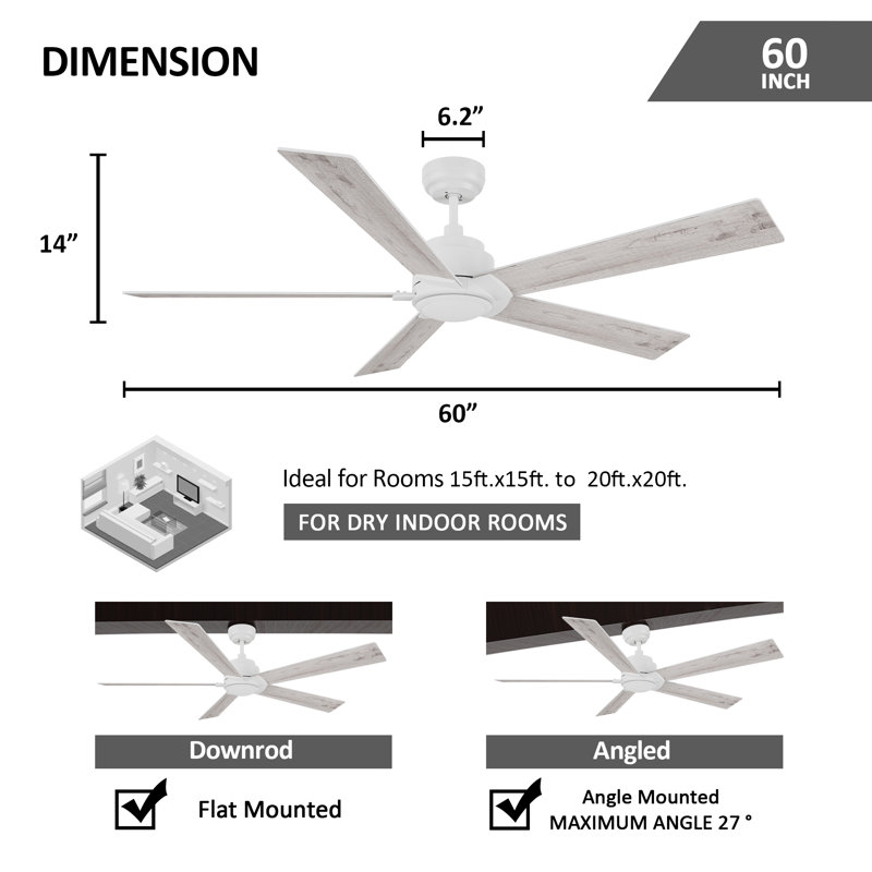 Ventilateur de plafond à moteur à courant continu de 60 pouces avec télécommande, sans lumière