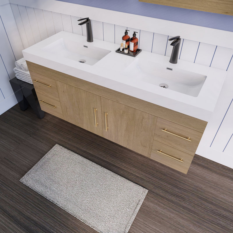 60'' Double Bathroom Vanity with Acrylic Top, White Oak