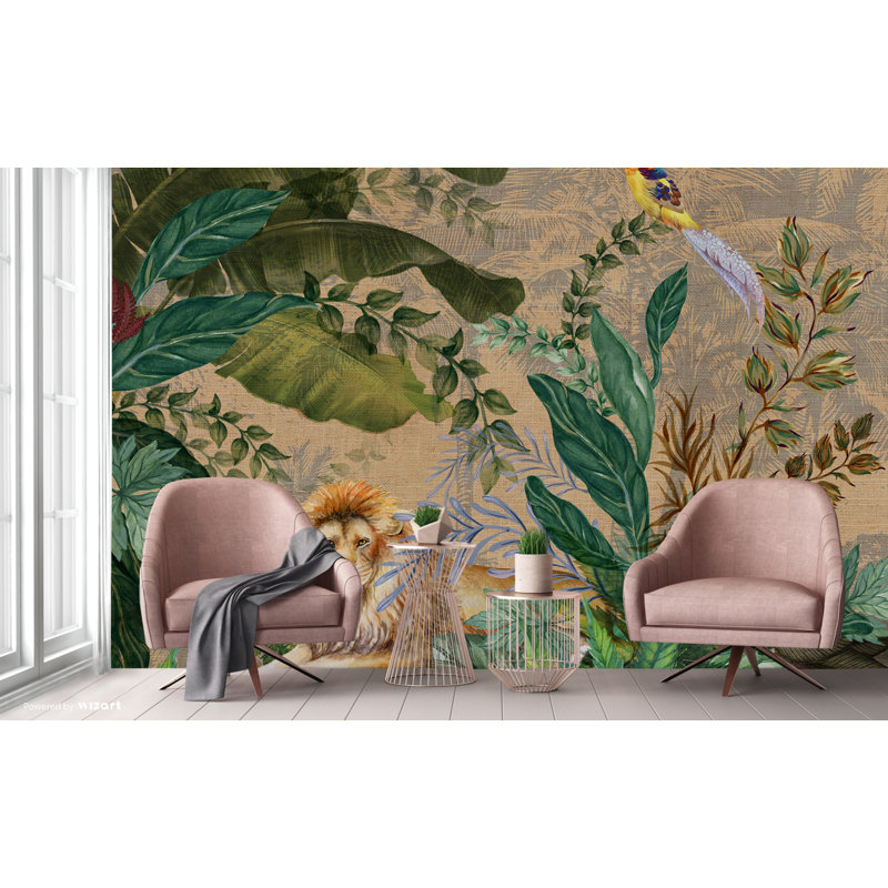 Papier peint luxueux jungle safari, lions et feuillage tropical, L 72,96 po x l 81 po, Vert