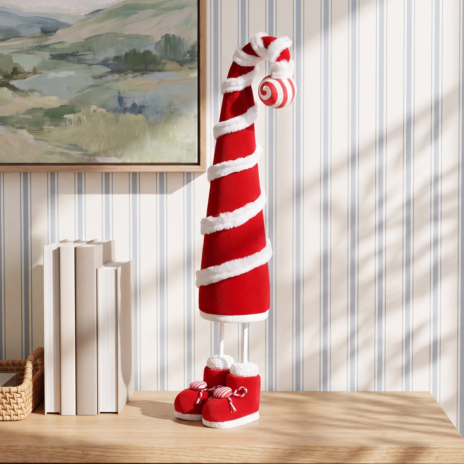 Whimsical Candy Cane Hat Christmas Figure, 13" H x 3" W x 3" D