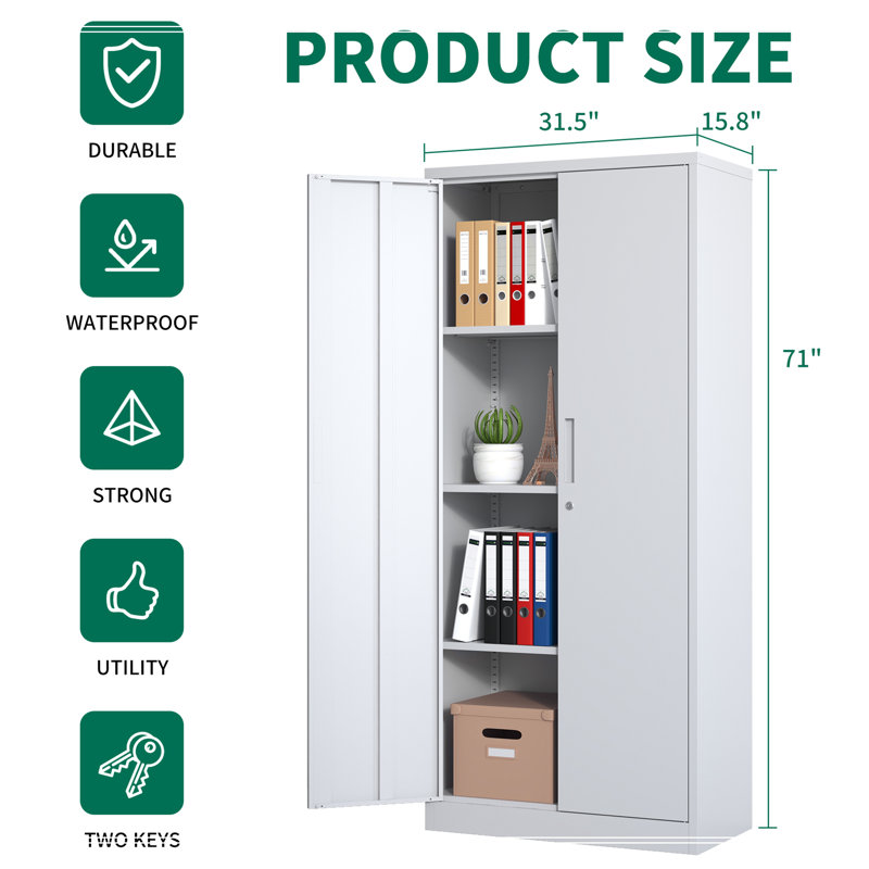 71"H Metal Garage Storage Cabinet, Black Tool Steel Locking Cabinet, White