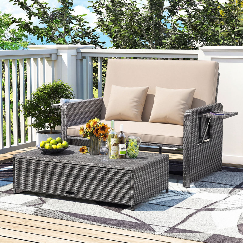 Boden 65" W Wicker Patio Daybed with Ottoman and Side Trays, Brown