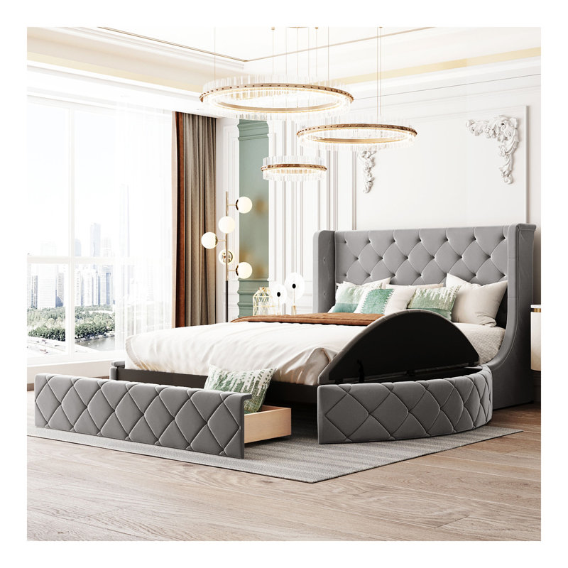 Lit plateforme tapissier en velours avec tête de lit à oreilles, 1 grand tiroir et 2 tabourets de rangement latéraux (gris)
