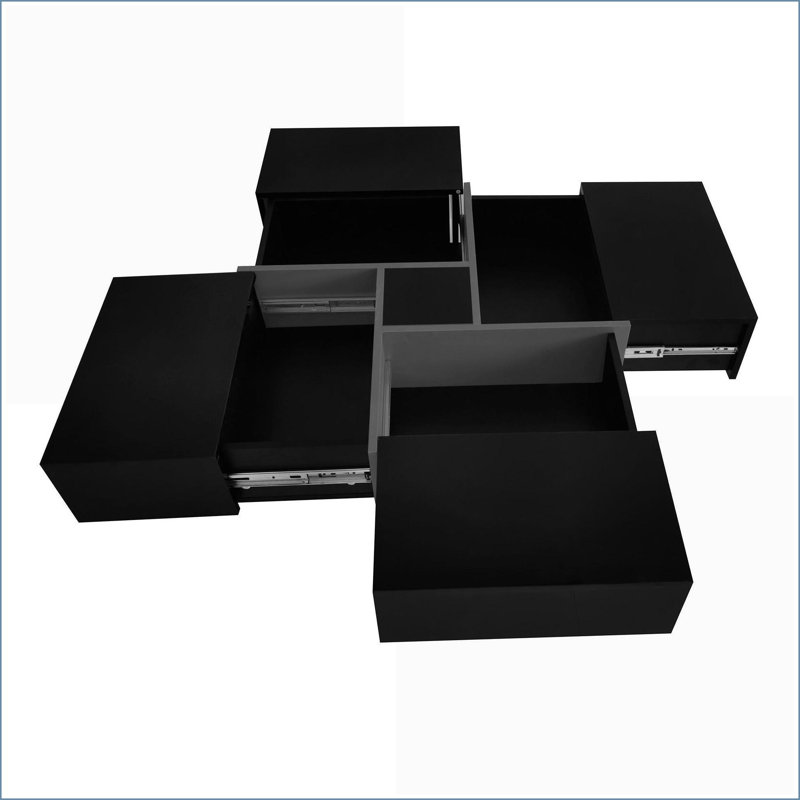 4-Way Extendable Black Coffee Table with 4 Hidden Compartments, Space-Saving Living Room Table, Black/Blue