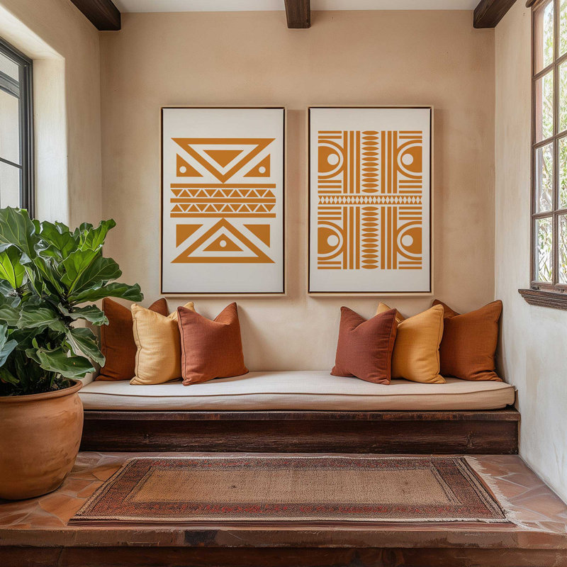 Ensemble de 2 motifs tribaux modernes en orange, Cadre américain en érable flottant, H 31 po x l 42 po