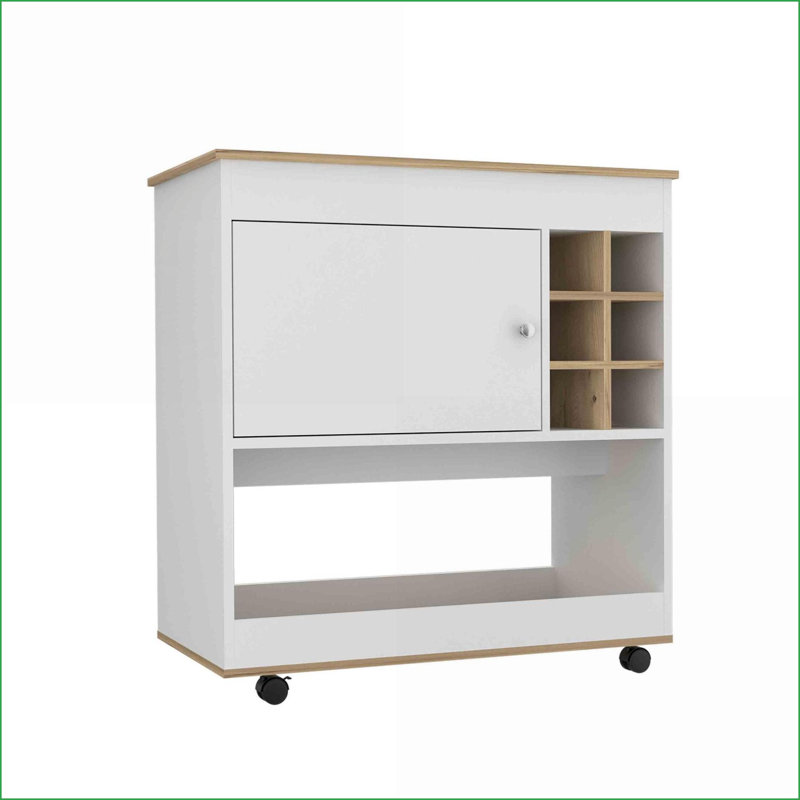 Chariot-bar - Chêne clair & amp; Blanc cassé avec six casiers à bouteilles, armoire et amp; Roulettes | Moderne | Rectangulaire