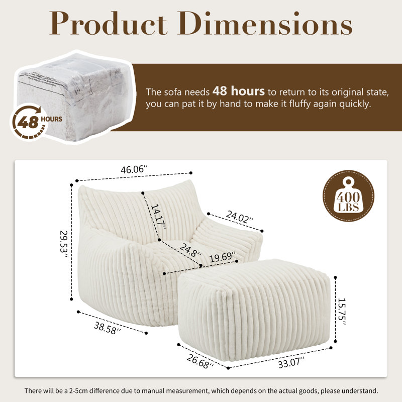 Bean Bag Chair with Ottoman , Comfy Memory Foam Large Lazy Sofa, Beige Corduroy