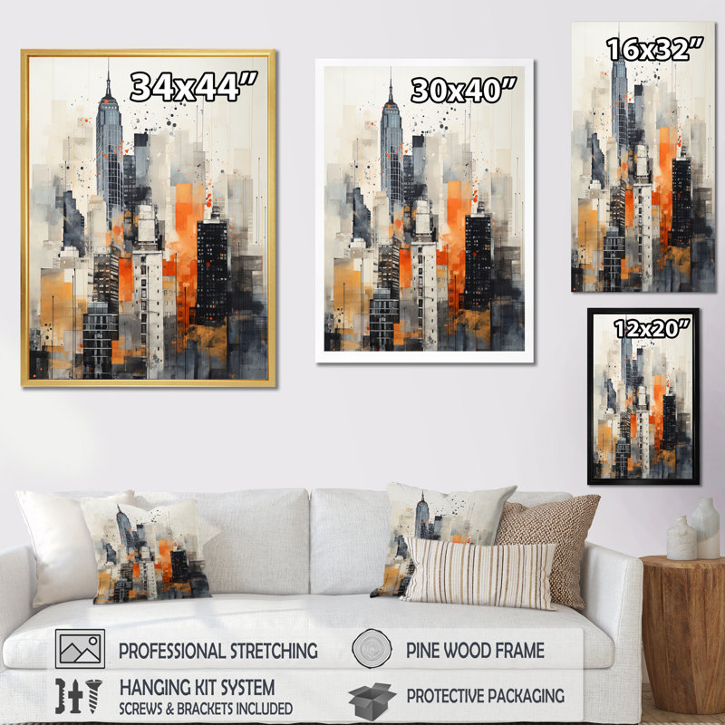 «Kirol Orange Grey Minimalisme Urban Rhythm II», reproduction sur toile, Cadre flottant noir, H 32 po x l 16 po x P 1 po