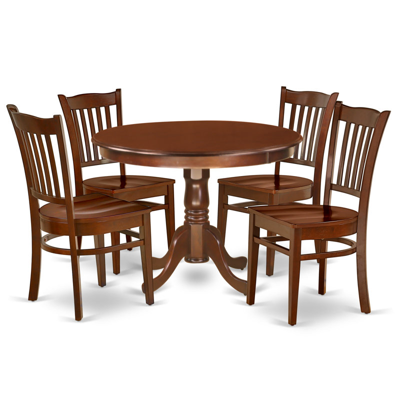5 Piece Dining Room Set Includes a Round Dining Table with Pedestal and 4 Wood Seat Chairs, Mahogany, Walnut