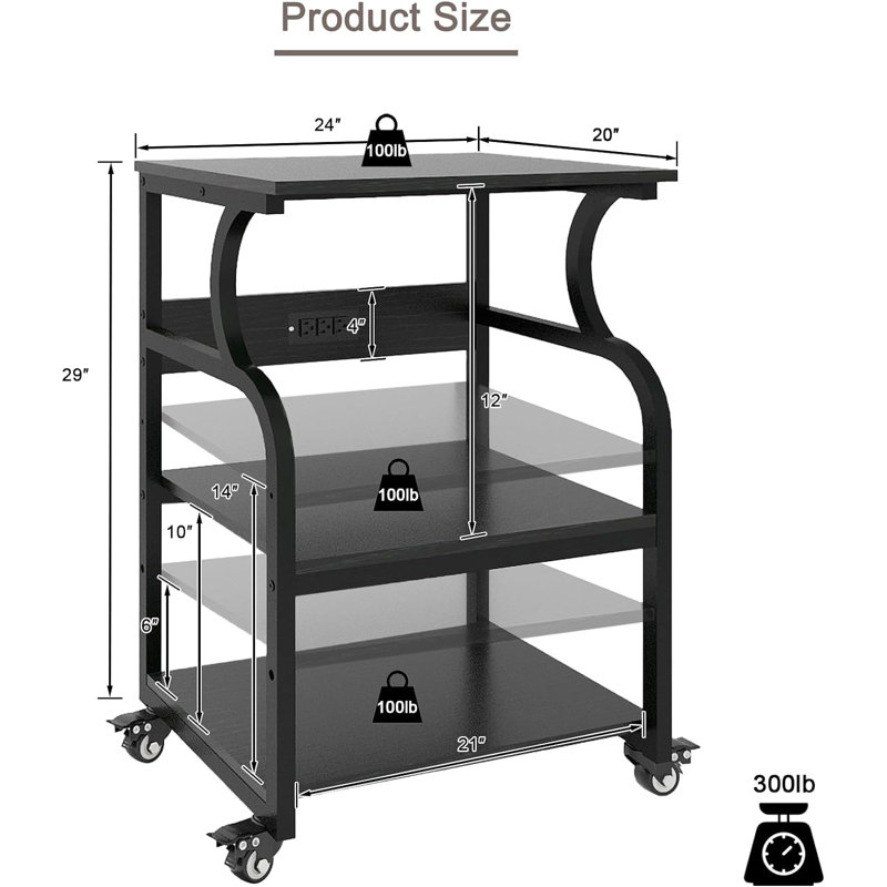 23.6 x 19.7 x 29.5 inches Large Printer Stand Printer Desk with Adjustable Storage Shelf on Wheels, Black
