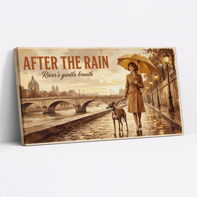 Woman Walking Dog With Yellow Umbrella Canvas Wall Art