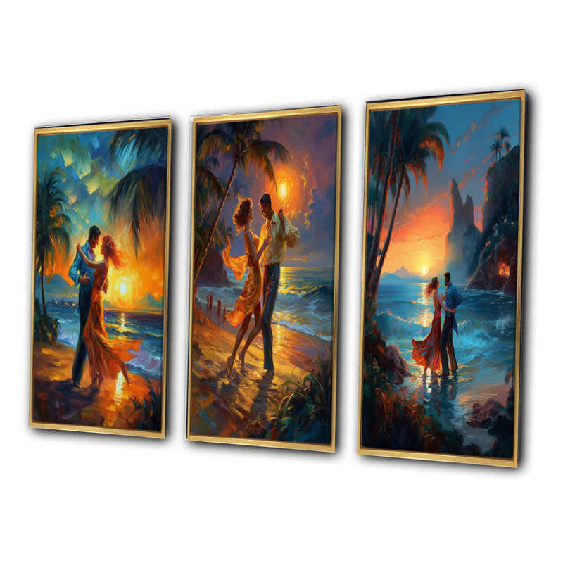 «The Couple's Dance Of Love», 3 pièces sur toile, Cadre flottant doré, H 28 po x l 36 po