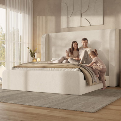 Cloud Bed Frame with 49.2” Tall Wingback Headboard, Upholstered Platform Bed with 5 Inch Foam Fully Cushioned, Rounded Corners Design, No Box Spring, Cream