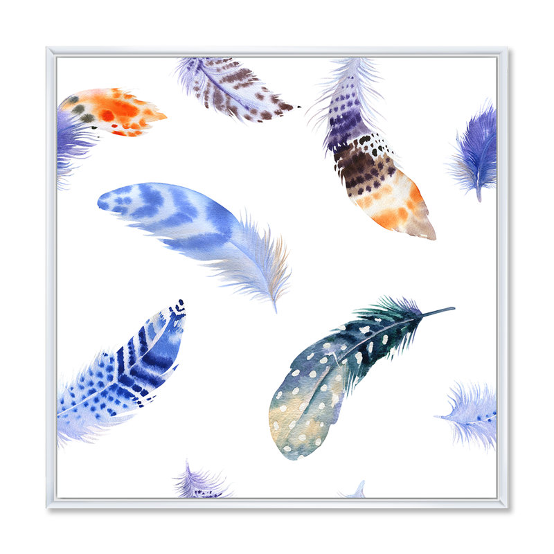 Ensemble de plumes colorées Boho VII - peinture sur toile, H 36 po x l 36 po x P 1,5 po, Cadre blanc