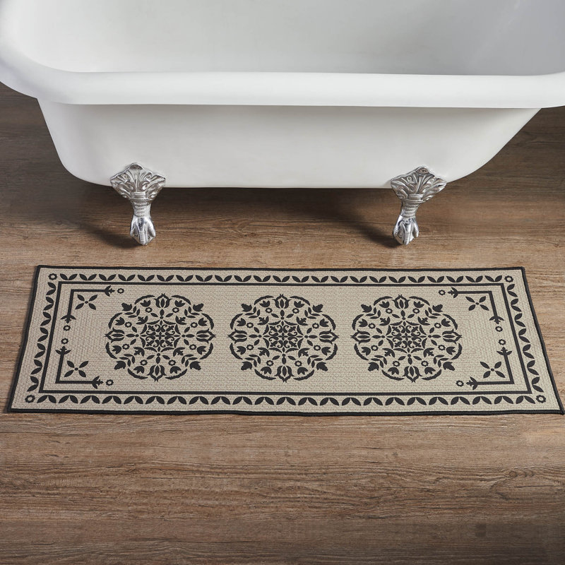 Custom House Tan Jacquard Polyester Bathmat, Black, 17"W x 48"L