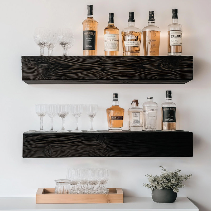 Modern Decorative Wooden Wall Shelf (2 Pieces), Solid Black, 5.1 x 23.6 x 4.3 inches | 100% Solid Wood, Wall-Mountable Design | Stylish Storage Solution for Home Décor, Living Room, or Office