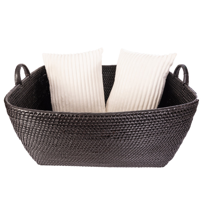 Thelma Handmade Rattan Basket With Handles 1, 14" H x 25" W x 22" D, Tudor Black