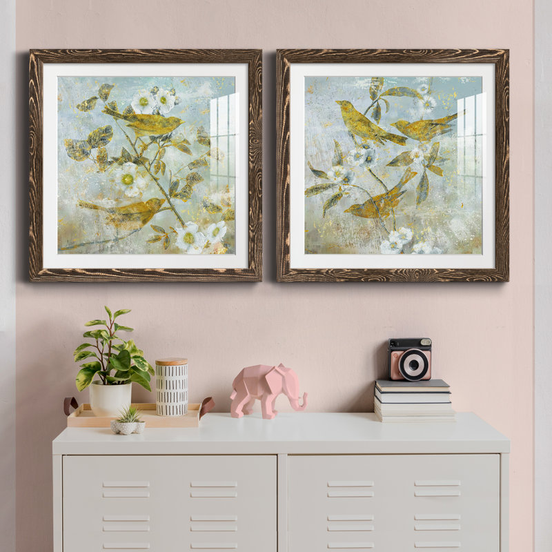 Aviaire jardin I - ensemble de 2 peintures, H 31,5 po x l 63 po x P 1,5 po, Papier avec cadre noyer