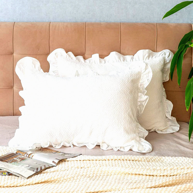 Champray Cotton Ruffled Edge Pillow Shams - Set of 2, Thick Washed Dobby Fabric, Standard Size 20x26 inches, Solid and Heavy Duty