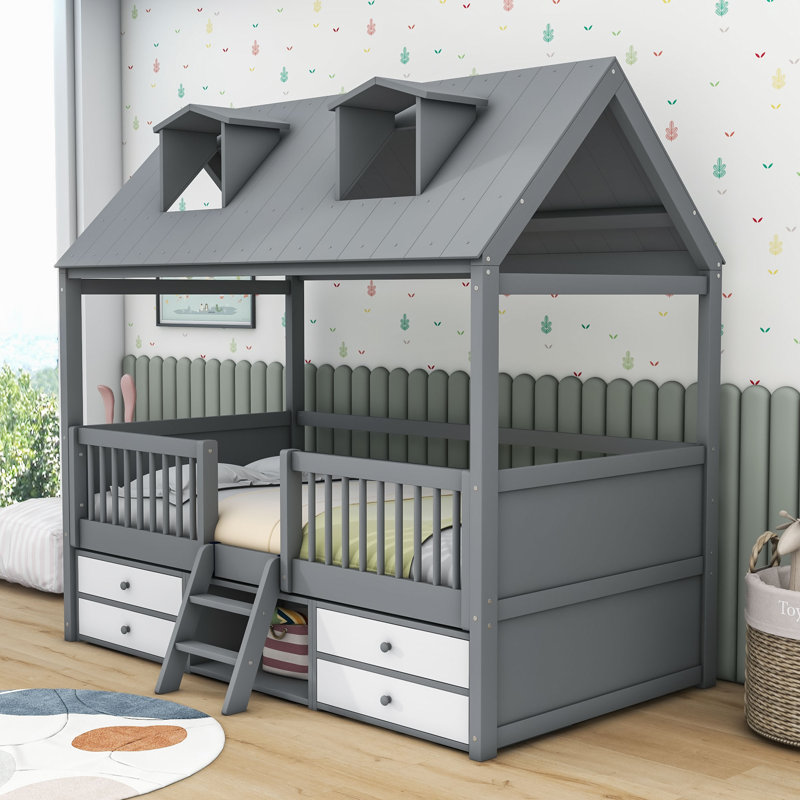 Lit pour enfant avec tiroirs Elderen, Simple, Gris