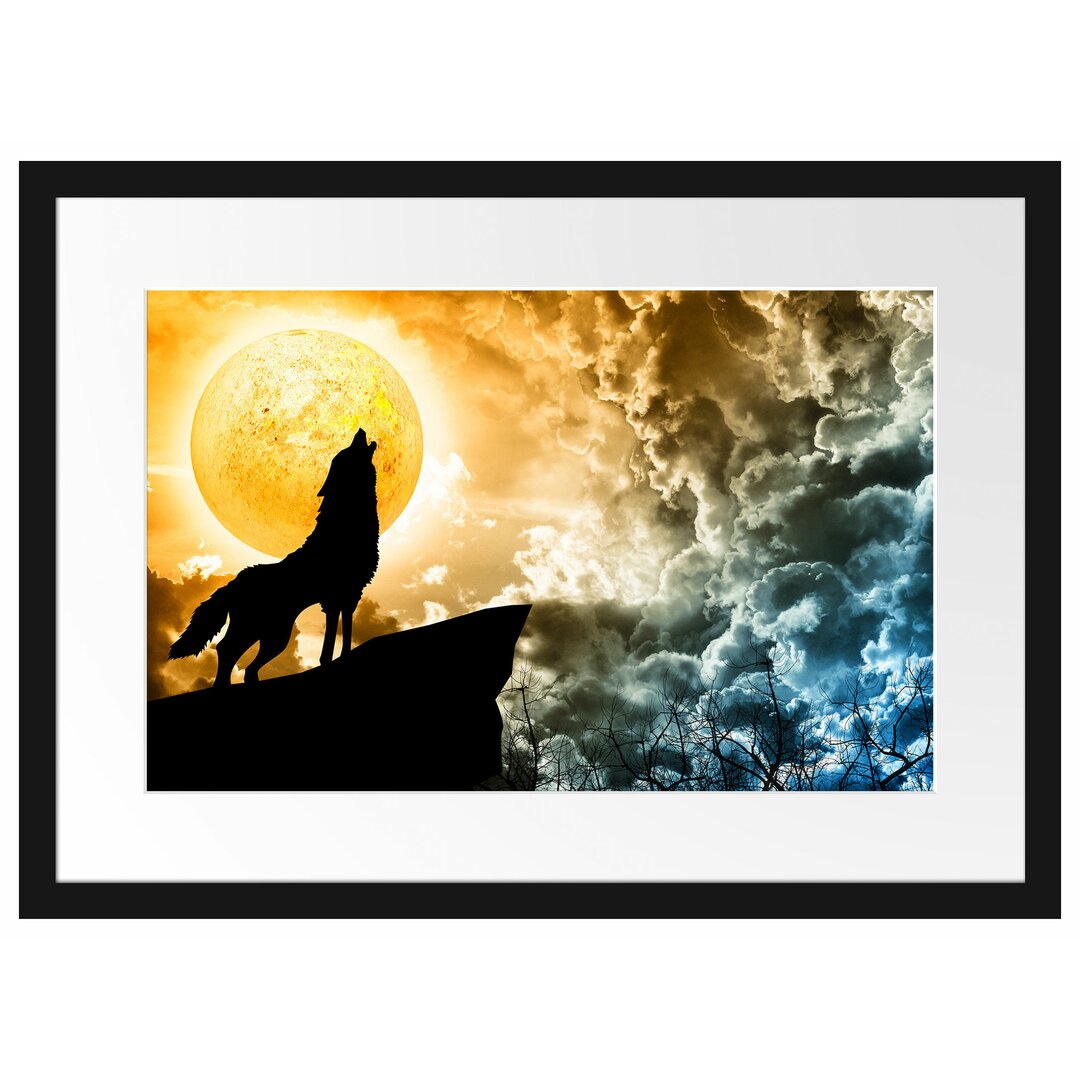 Gerahmtes Poster Wolf heult den Mond an