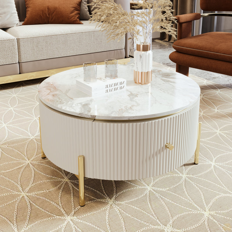 Round Coffee Table With 2 Large Drawers Storage Accent Table