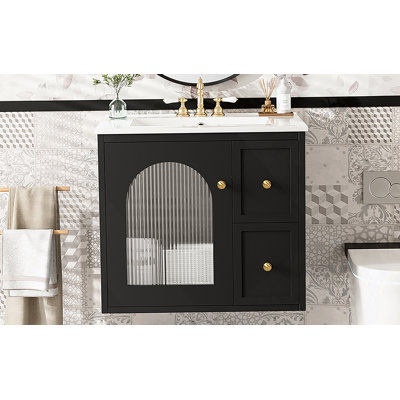 Ensemble de meuble-lavabo mural 24 po pour petits espaces, armoire avec lavabo en céramique, 2 tiroirs, 1 porte à fermeture en douceur