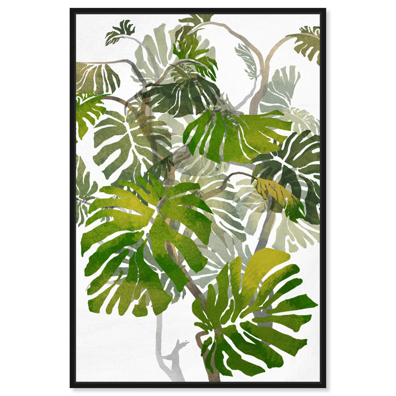 Tropical Jungle Tree Modern White - peinture sur toile, Cadre en bois noir, H 37 po x l 25 po
