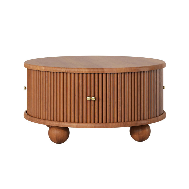 Table basse ronde cannelée avec rangement, bois de pin massif, porte coulissante, design compact, finition noyer, Noyer