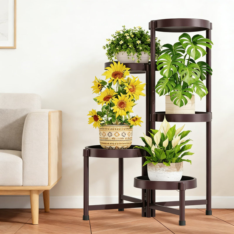 Support pour plante pliante à 5 niveaux avec plateaux imperméables, tablette d'angle en métal robuste pour une utilisation intérieure / extérieure dans le salon, le patio, le balcon ou le jardin