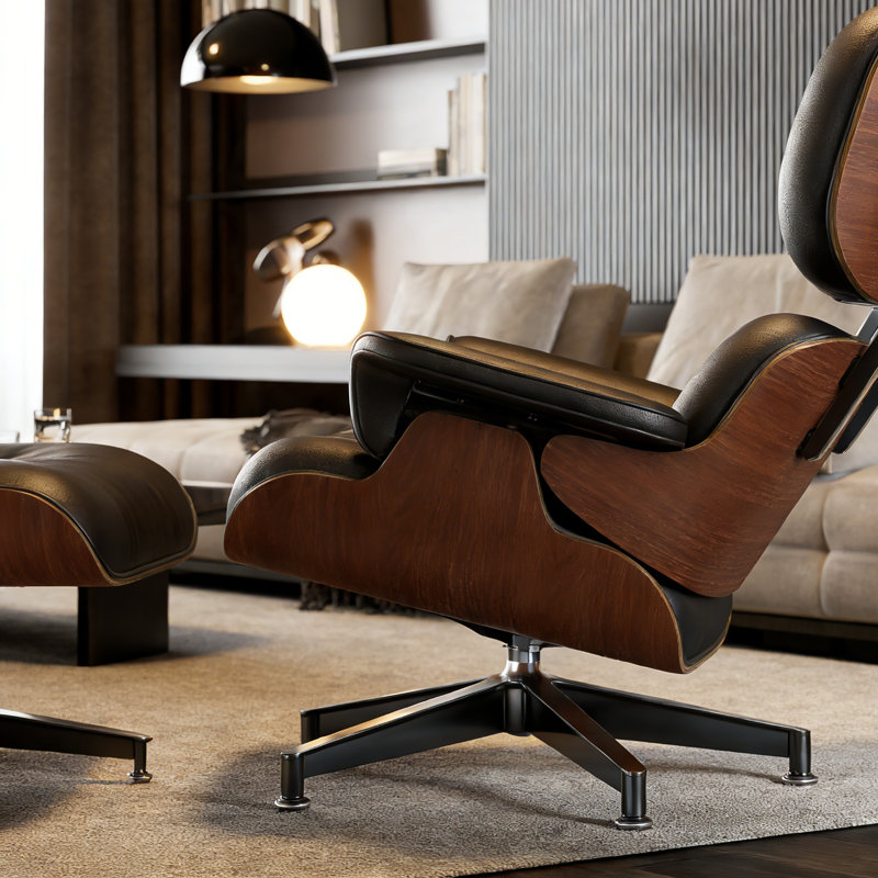 Mid Century Genuine Leather Lounge Chair With Ottoman, Solid Wood Frame, Strong Aluminum Legs, Memory Foam, Black/Dark Walnut