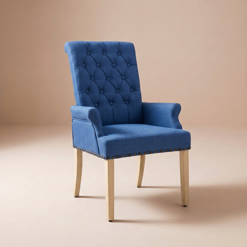Chaise de salle à manger rembourrée avec accoudoirs en tissu Amdad, Bleu très foncé, Naturel, Lin