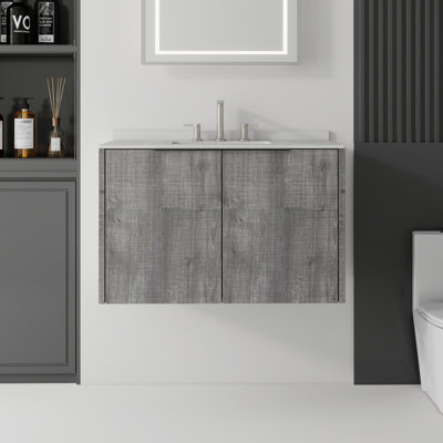 36 Inch Floating Bathroom Vanity with Sink, Soft-Close Door, 0.6-IN Granite White Cultured Marble Countertop Top & Backsplash,Plywood, Grey