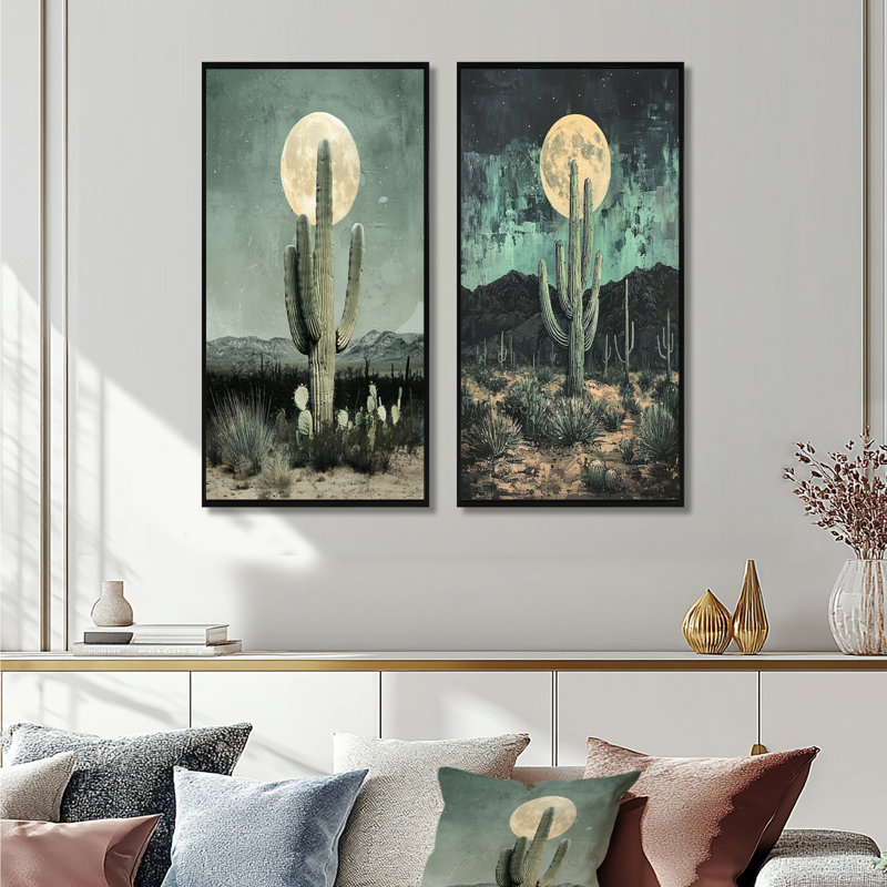 Cactus au clair de lune I - Collection d'art floral sur toile 2 panneaux, H 28 po x l 25 po, Cadre flottant noir