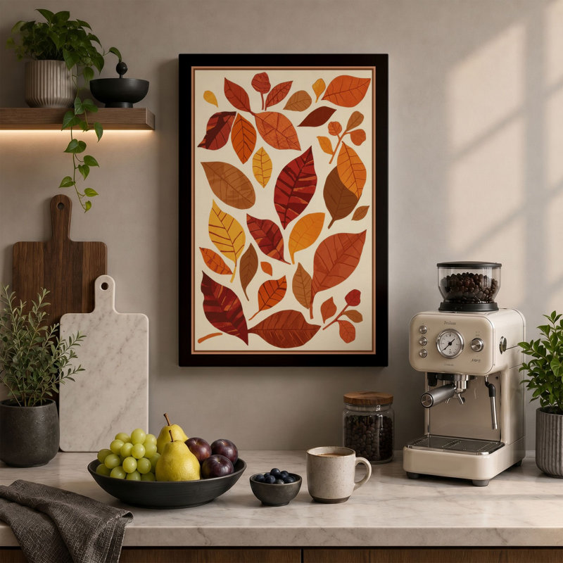 Scattered Autumn Leaves Botanical - Wrapped Canvas, 24x16 - 61.0 x 40.6 cm, Taupe Border