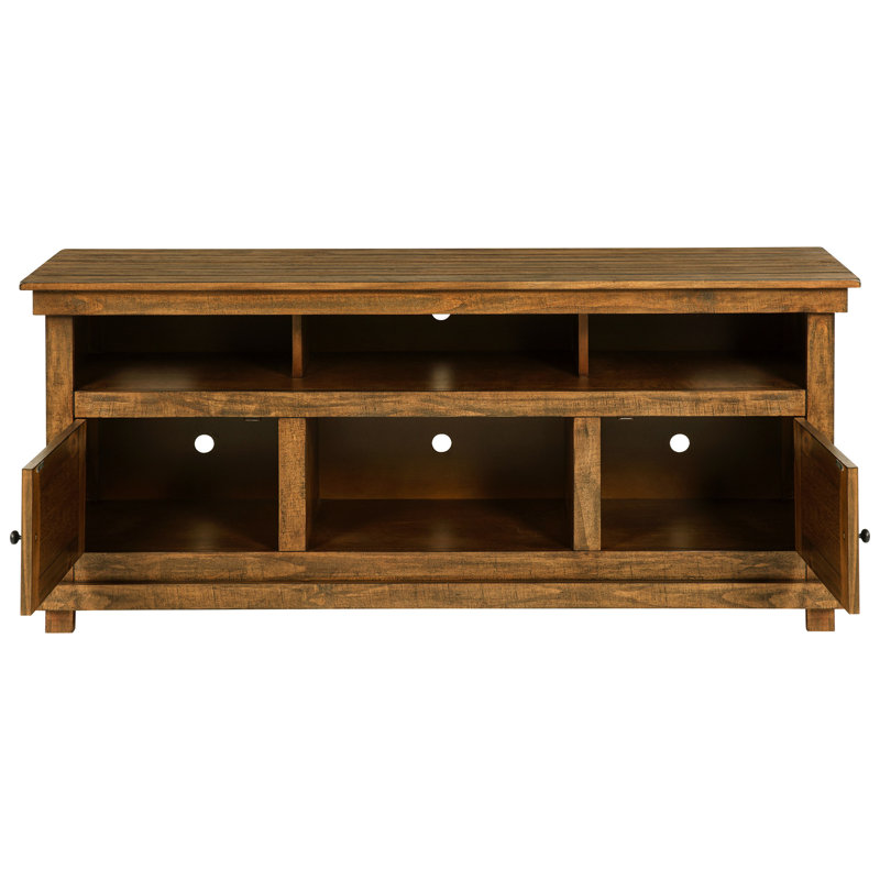 Meuble télé brun vieilli en design, six compartiments pour l'organisation de matériel multimédia et d'accessoires de jeux, support moderne, deux tablettes, approche de l'espace de vie principal