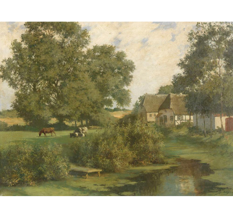 "Paysage nord-allemand avec des vaches et des maisons en chaume" par Hermann Seeger - Art mural sur toile tendue avec châssis