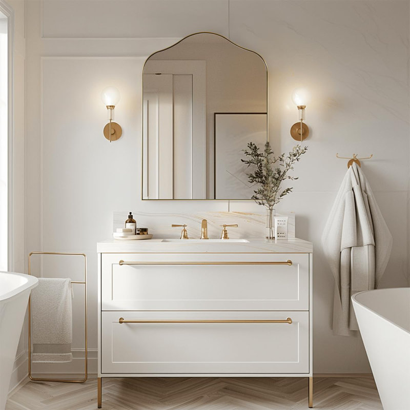 Aremi Contemporary Scalloped Arch Top Bathroom Vanity Mirror | Stainless Steel Frame, Brushed Gold, 40" x 30"