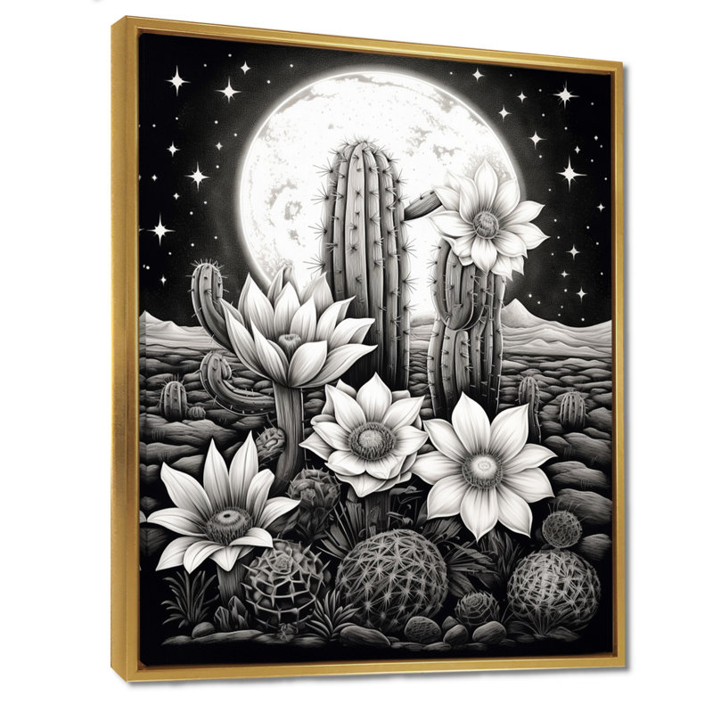 Décoration florale de cactus en fleurs pleine lune monochrome - cactus floral, Toile avec cadre flottant brun