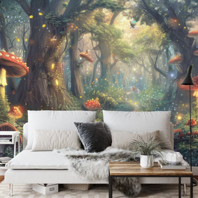 Enchanted Toadstool Forest Wall Mural, Magical Glowing Mushroom Fairy Path Wallpaper for Home Decor, Whimsical Woodland Wall Art