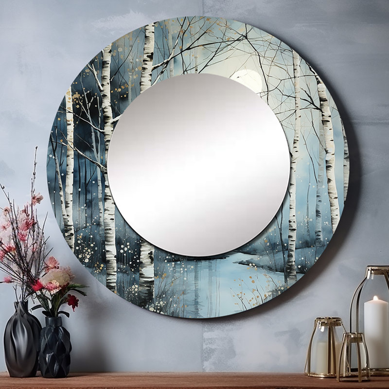 Birch Woods Mystic Moonlight II - décor de miroir mural unique en bouleau, grand miroir rond bleu, impression d'art en métal