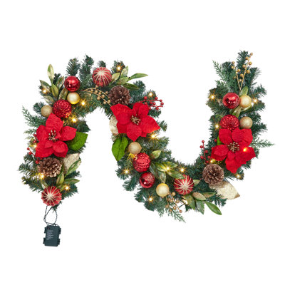 6 Feet Christmas Garland with Lights and Red Gold Balls for Fireplace Stair Railing TV Stand