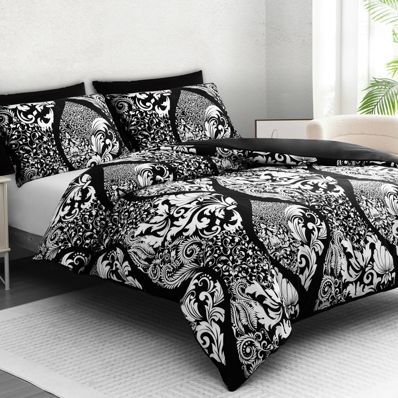 Microfiber Floral Duvet Cover Set, Single (135cm x 200cm), Black & White