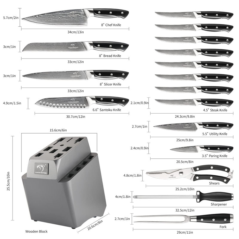 18 Pieces Damascus Kitchen Knife Set, 8 Piece Steak Knives, Non-slip ABS Ergonomic Triple Rivet Handle for Meat Fork, Knife Sharpener and Shears, 17 Slots Wooden Knife Block