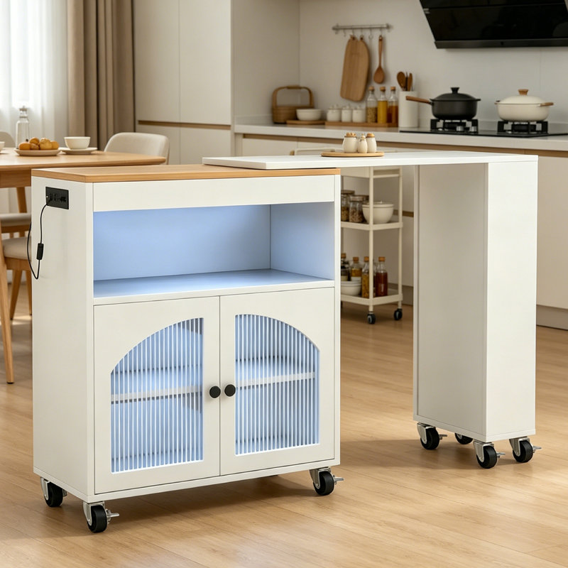Chariot pour îlot de cuisine avec table étendue, armoire de rangement, 3 tablettes ouvertes latérales, table pour îlot de cuisine sur roulettes