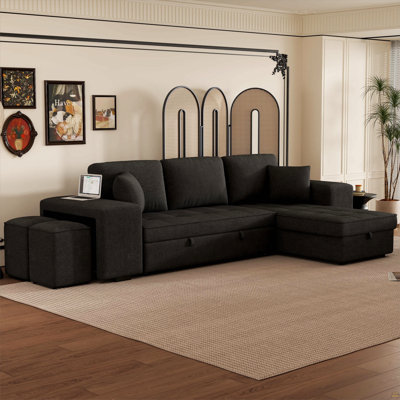 104.5" Modern L-Shape 3 Seat Reversible Sectional Couch, Pull Out Sleeper Sofa With Storage Chaise And 2 Stools