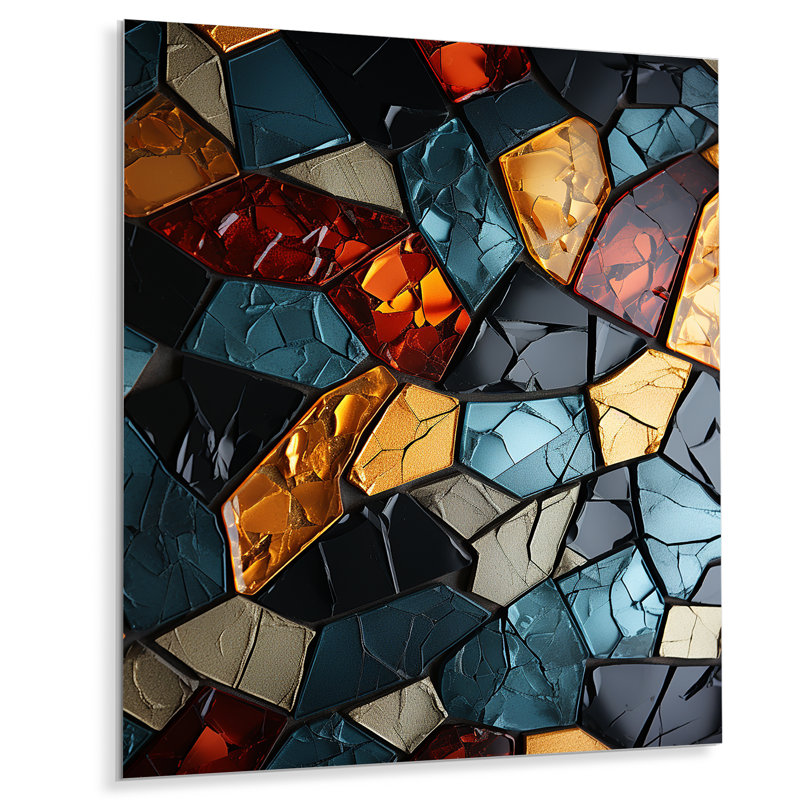 Carreaux de mosaïque cubique dorée et bleue I - Art mural en métal abstrait, H 40 po x l 30 po x P 1,5 po