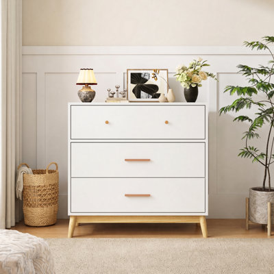 Commode 3 tiroirs pour chambre à coucher, commode de style Mid-Century moderne avec poignées en bois et pieds en bois massif, armoire de rangement en bois, rangement pour garde-robe de chambre à coucher, vestibule