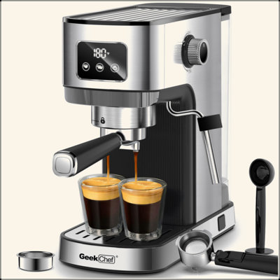 Geek Chef Espresso Machine, Cappuccino & Latte Machine With ESE POD Filter & Milk Frother Steam Wand, Accurate Temperature & Time Control, Compact Coffee Machine For Home,Stainless Steel