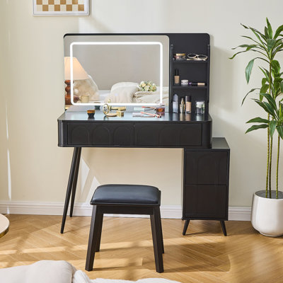 Makeup Vanity Desk with LED Lights & Mirror, 4 Drawer Dressing Table Set with Stool